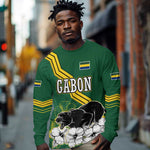 Gabon Long Sleeve Shirt - Black Panther Graphic and Hibiscus Flower Design in National Colors