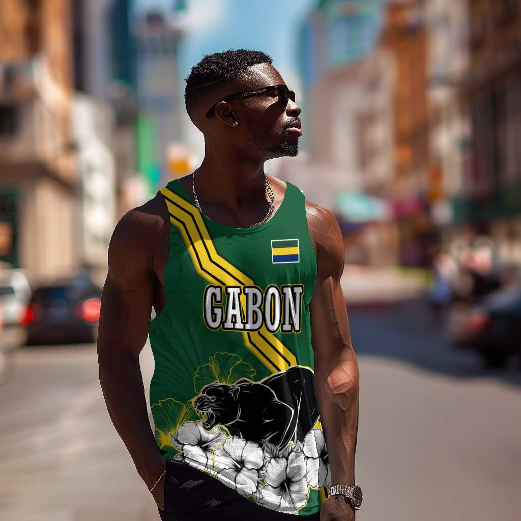 Gabon Men Tank Top - Black Panther Graphic and Hibiscus Flower Design in National Colors