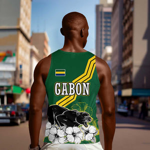 Gabon Men Tank Top - Black Panther Graphic and Hibiscus Flower Design in National Colors