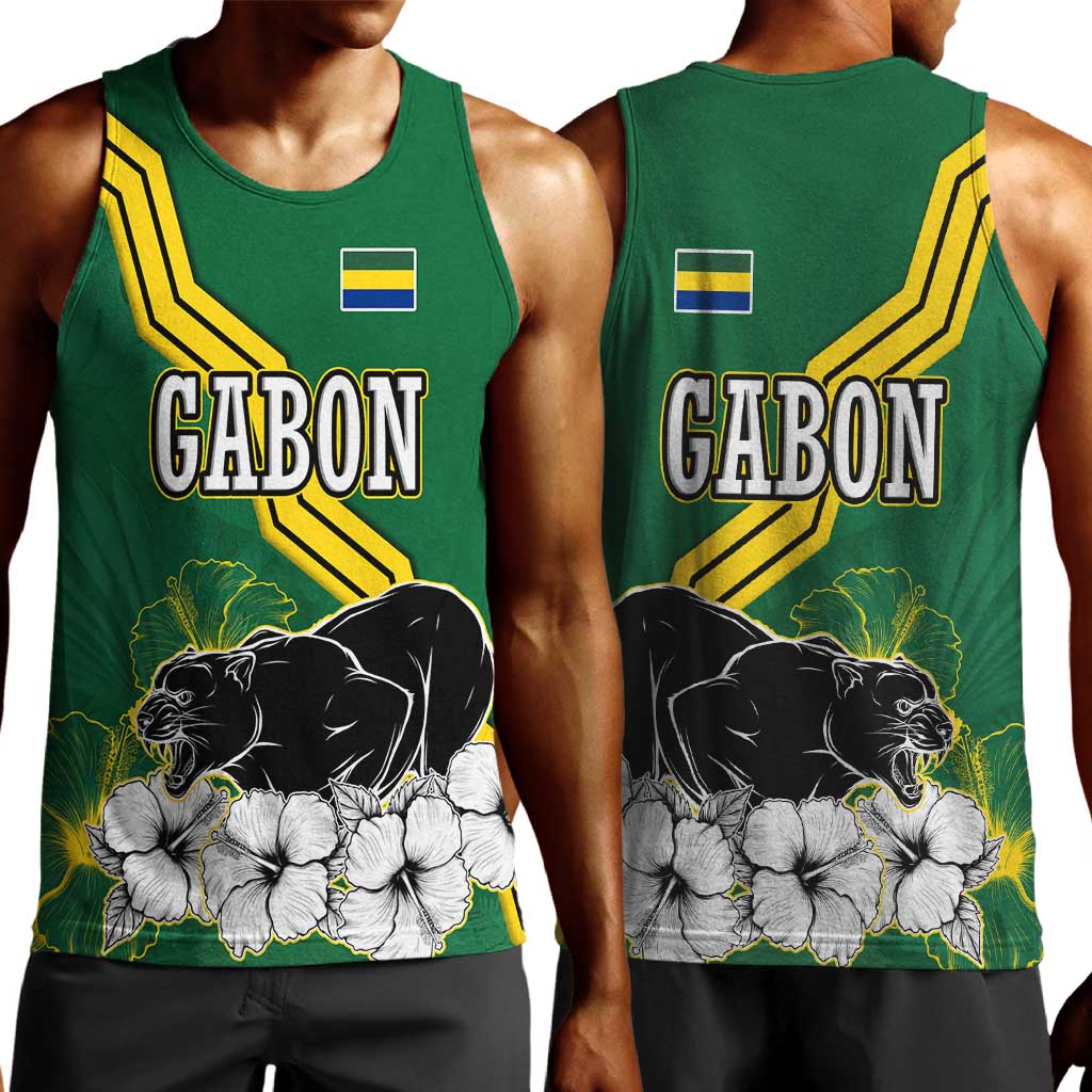 Gabon Men Tank Top - Black Panther Graphic and Hibiscus Flower Design in National Colors
