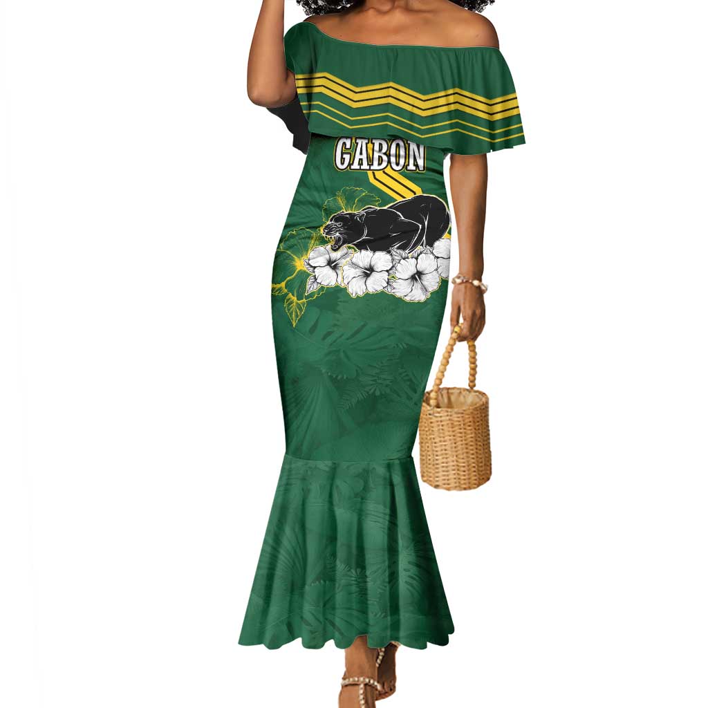 Gabon Mermaid Dress - Black Panther Graphic and Hibiscus Flower Design in National Colors