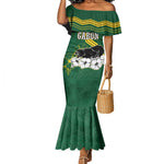 Gabon Mermaid Dress - Black Panther Graphic and Hibiscus Flower Design in National Colors