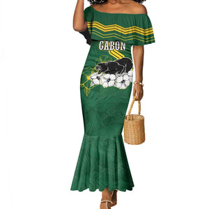 Gabon Mermaid Dress - Black Panther Graphic and Hibiscus Flower Design in National Colors