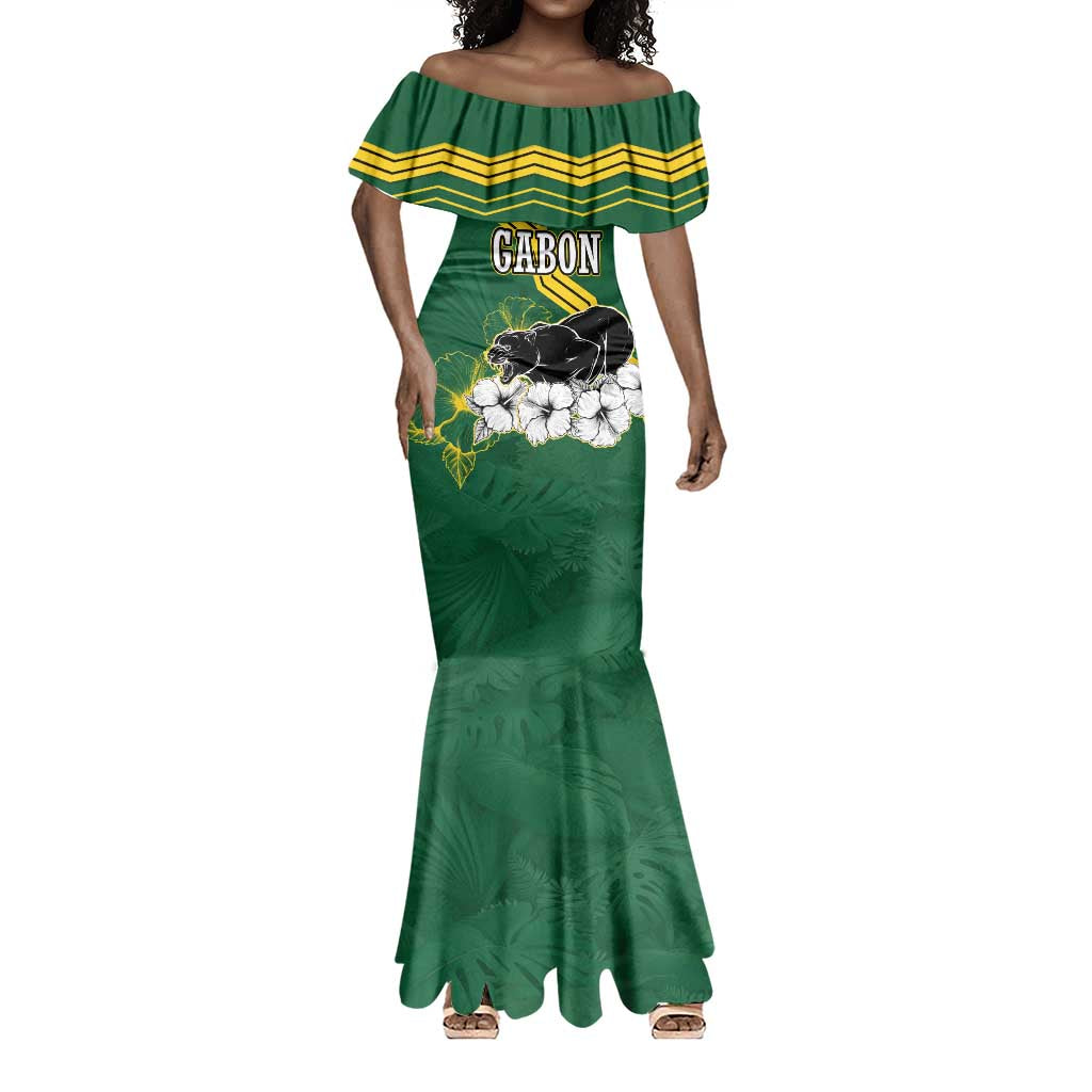Gabon Mermaid Dress - Black Panther Graphic and Hibiscus Flower Design in National Colors