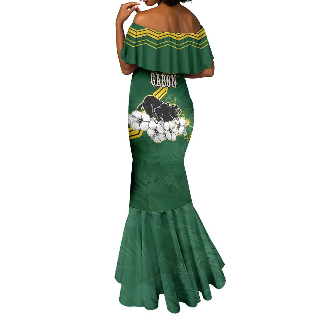 Gabon Mermaid Dress - Black Panther Graphic and Hibiscus Flower Design in National Colors