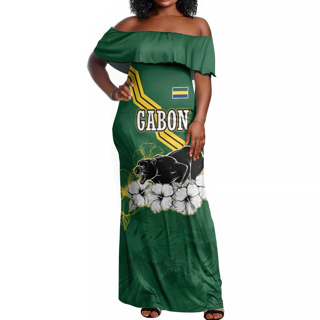 Gabon Off Shoulder Maxi Dress - Black Panther Graphic and Hibiscus Flower Design in National Colors