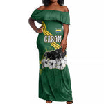 Gabon Off Shoulder Maxi Dress - Black Panther Graphic and Hibiscus Flower Design in National Colors