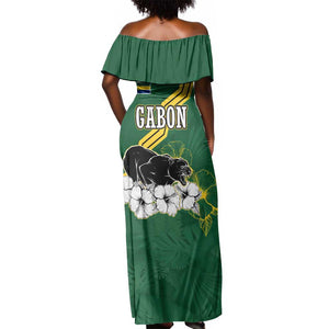 Gabon Off Shoulder Maxi Dress - Black Panther Graphic and Hibiscus Flower Design in National Colors