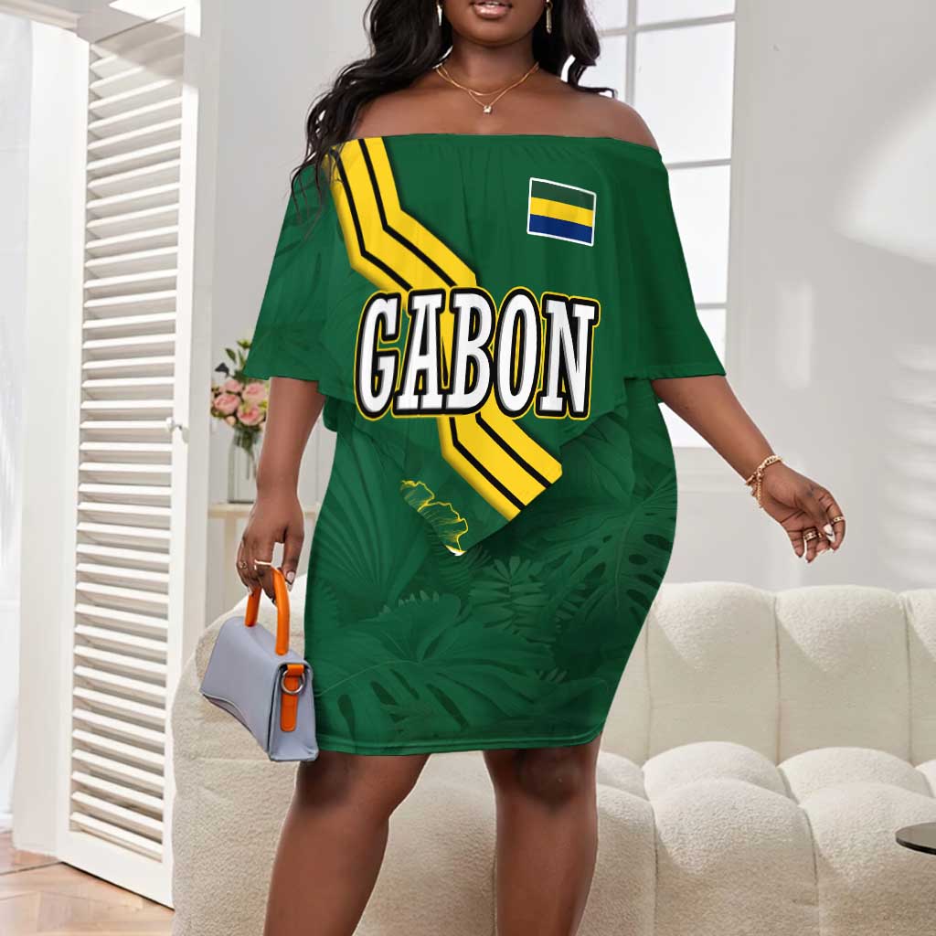 Gabon Off Shoulder Short Dress - Black Panther Graphic and Hibiscus Flower Design in National Colors