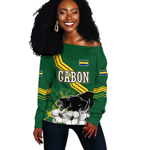 Gabon Off Shoulder Sweater - Black Panther Graphic and Hibiscus Flower Design in National Colors