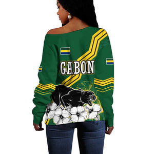 Gabon Off Shoulder Sweater - Black Panther Graphic and Hibiscus Flower Design in National Colors