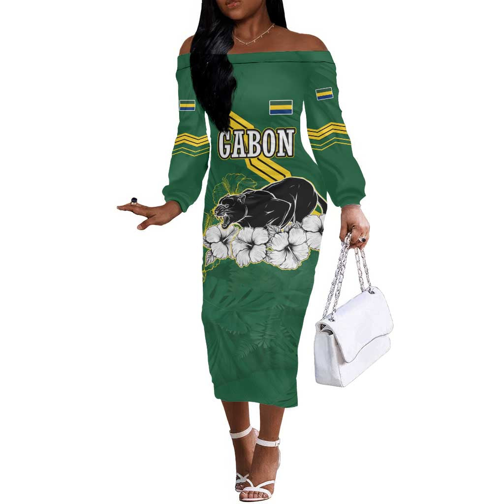 Gabon Off The Shoulder Long Sleeve Dress - Black Panther Graphic and Hibiscus Flower Design in National Colors