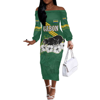 Gabon Off The Shoulder Long Sleeve Dress - Black Panther Graphic and Hibiscus Flower Design in National Colors