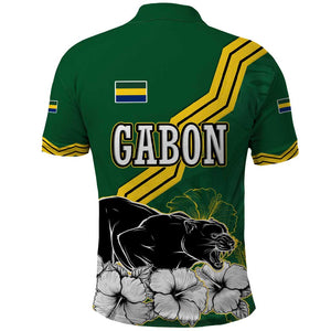 Gabon Polo Shirt - Black Panther Graphic and Hibiscus Flower Design in National Colors