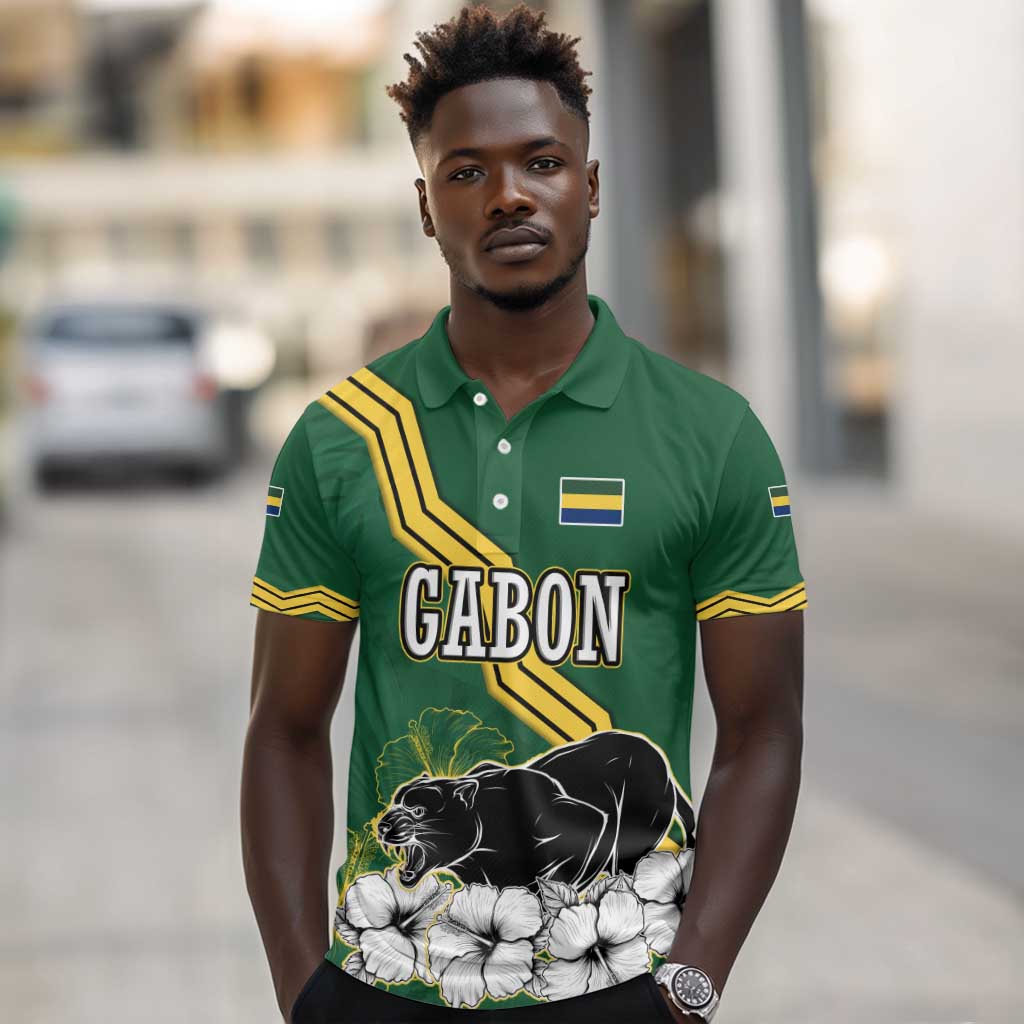 Gabon Polo Shirt - Black Panther Graphic and Hibiscus Flower Design in National Colors