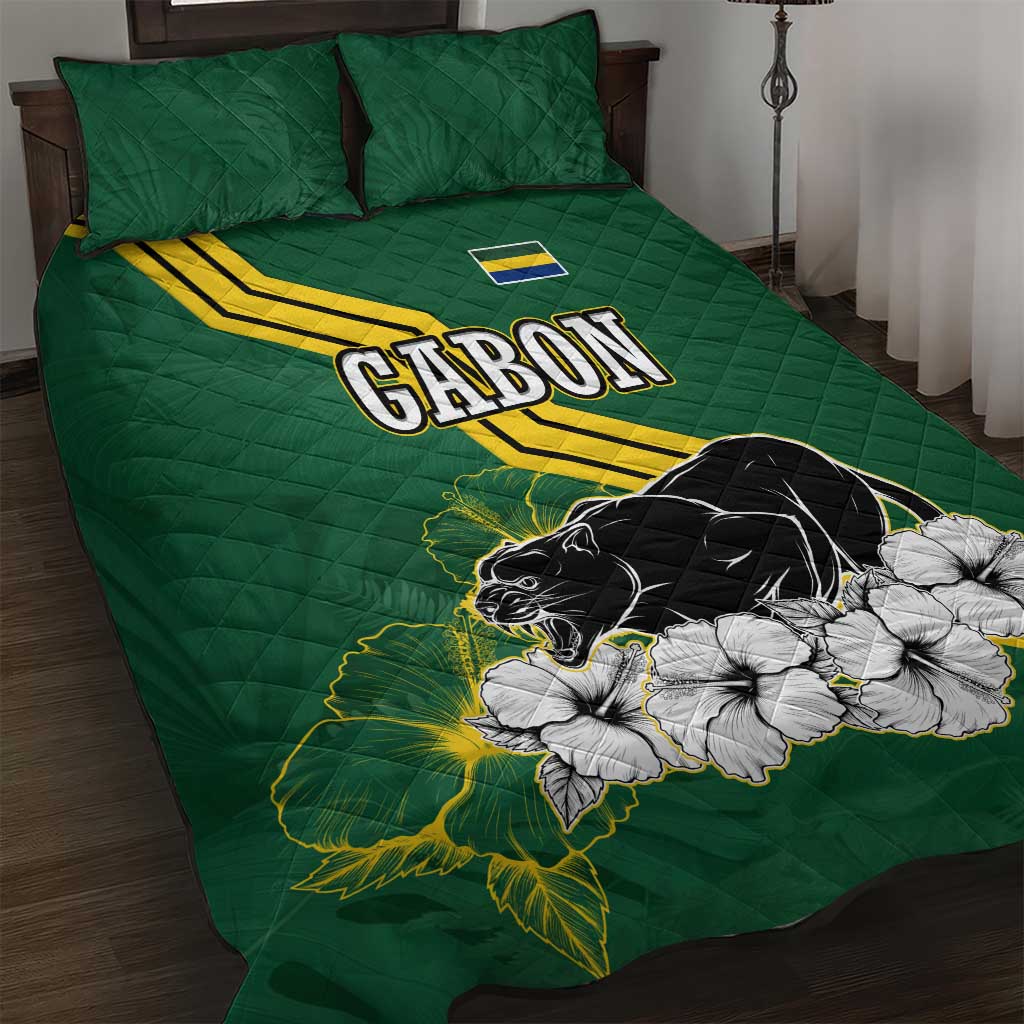 Gabon Quilt Bed Set - Black Panther Graphic and Hibiscus Flower Design in National Colors