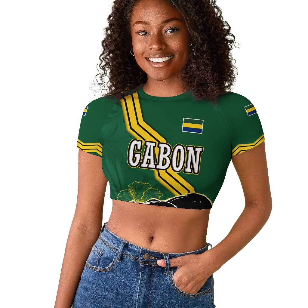 Gabon Raglan Cropped T shirt - Black Panther Graphic and Hibiscus Flower Design in National Colors