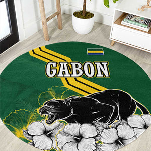 Gabon Round Carpet - Black Panther Graphic and Hibiscus Flower Design in National Colors