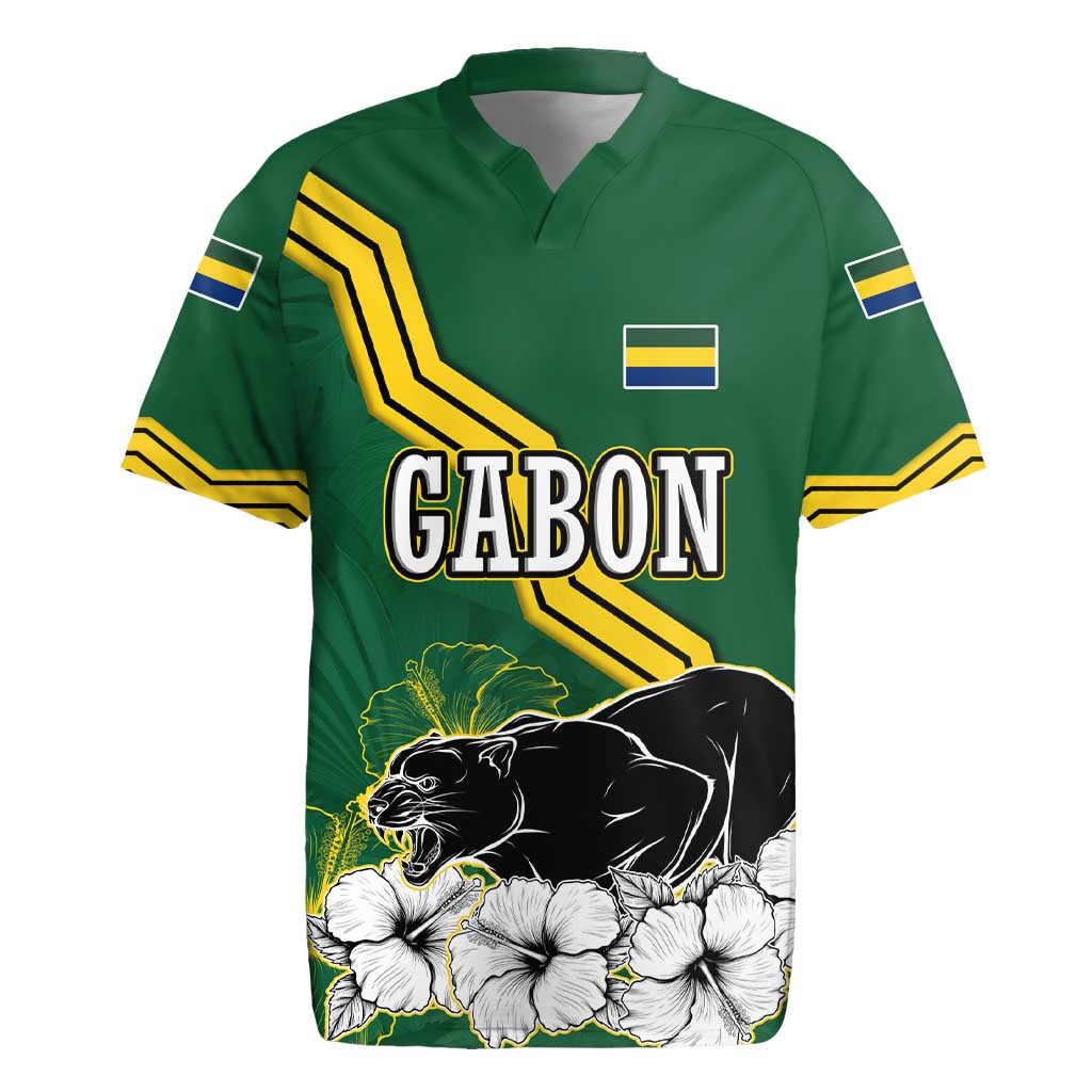 Gabon Rugby Jersey - Black Panther Graphic and Hibiscus Flower Design in National Colors