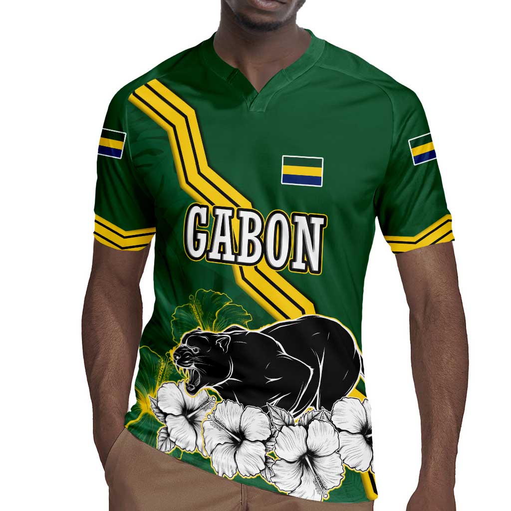 Gabon Rugby Jersey - Black Panther Graphic and Hibiscus Flower Design in National Colors