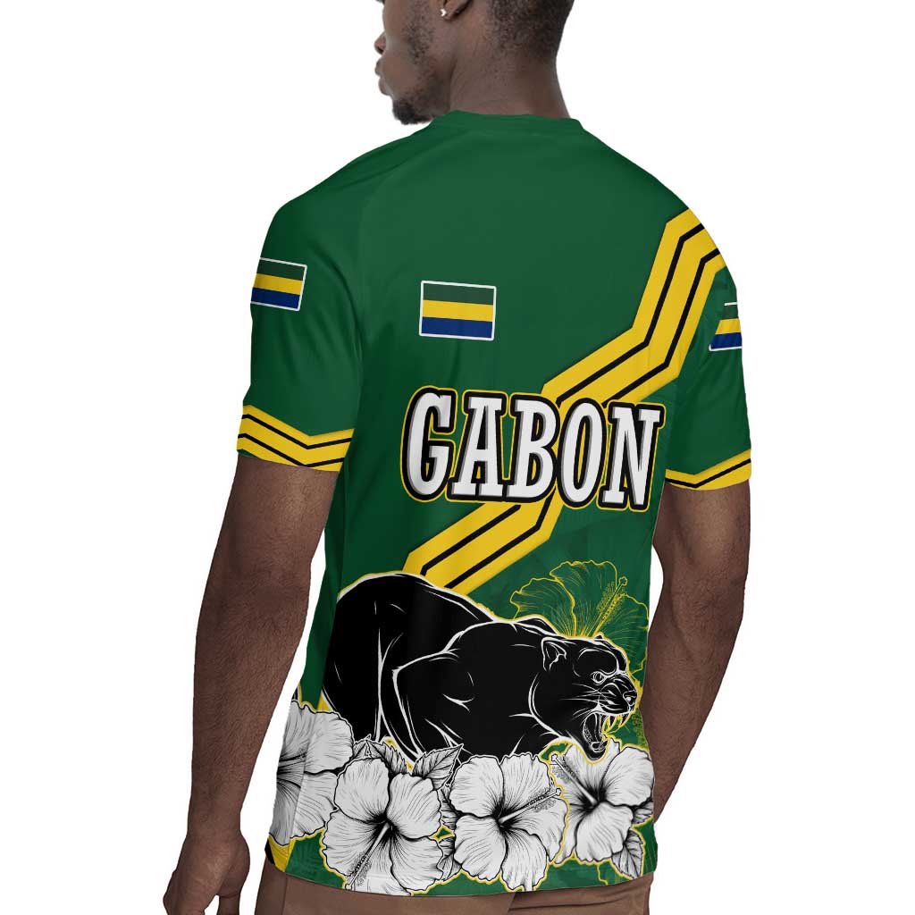 Gabon Rugby Jersey - Black Panther Graphic and Hibiscus Flower Design in National Colors