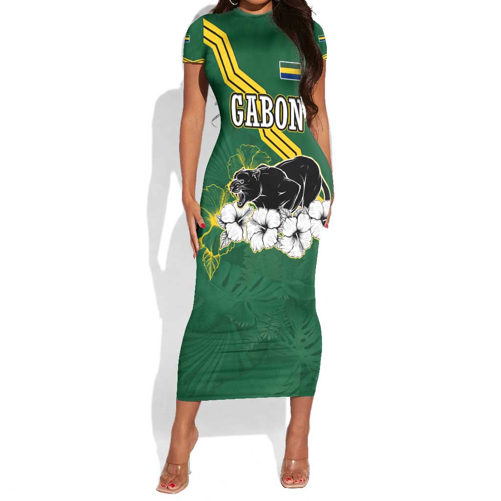 Gabon Short Sleeve Bodycon Dress - Black Panther Graphic and Hibiscus Flower Design in National Colors