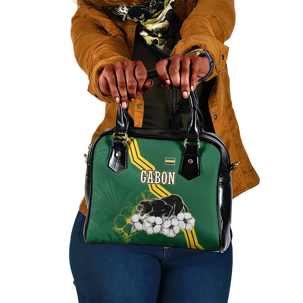 Gabon Shoulder Handbag - Black Panther Graphic and Hibiscus Flower Design in National Colors