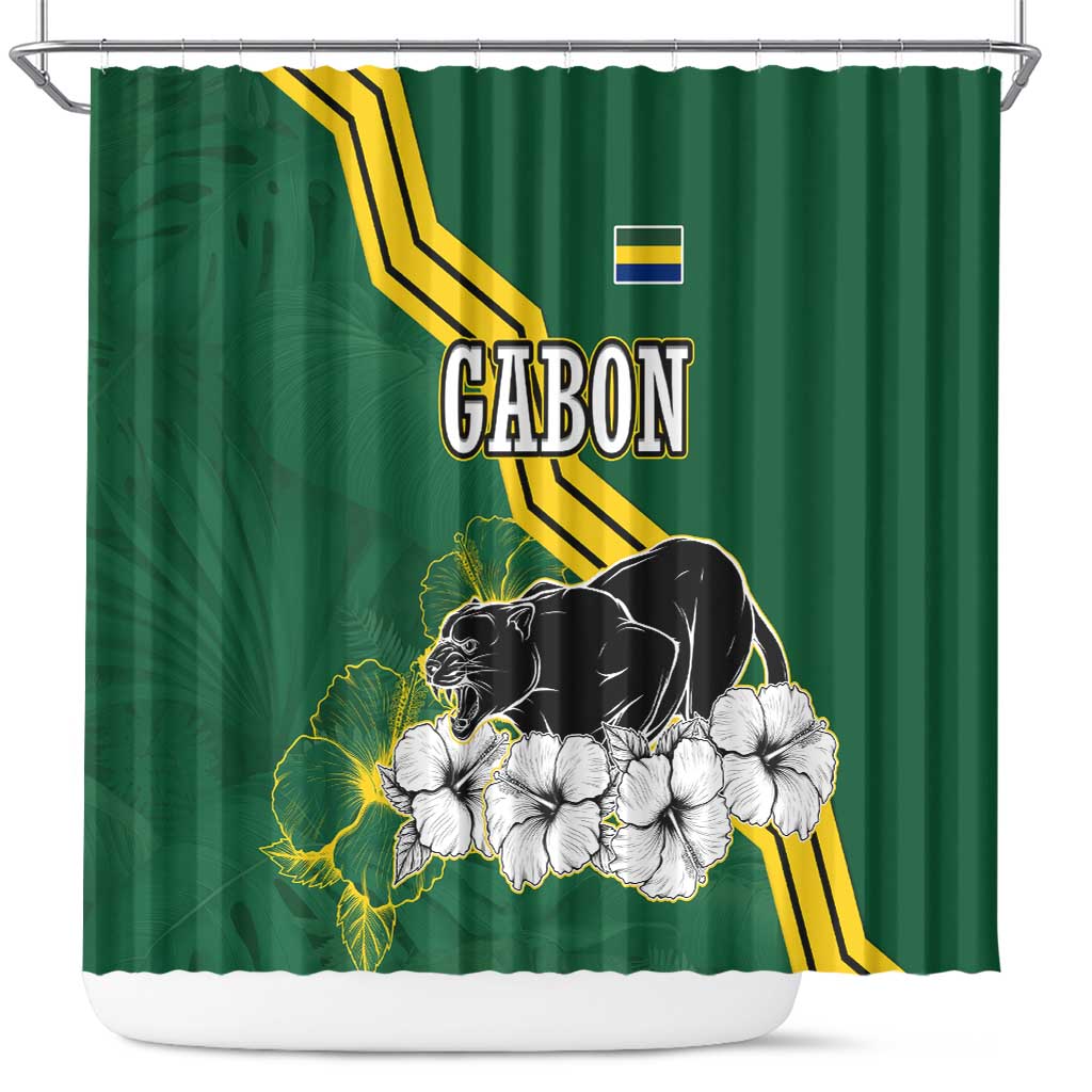 Gabon Shower Curtain - Black Panther Graphic and Hibiscus Flower Design in National Colors