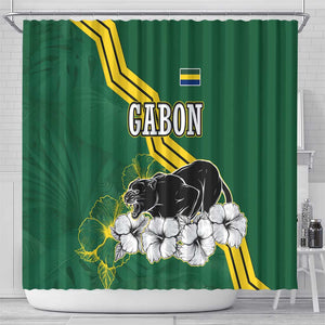 Gabon Shower Curtain - Black Panther Graphic and Hibiscus Flower Design in National Colors