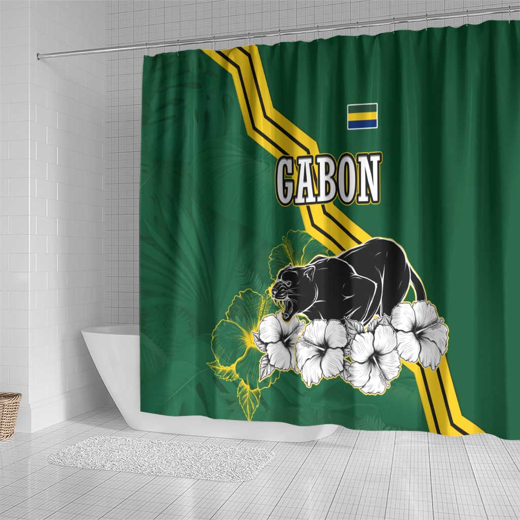 Gabon Shower Curtain - Black Panther Graphic and Hibiscus Flower Design in National Colors