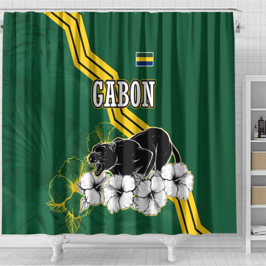 Gabon Shower Curtain - Black Panther Graphic and Hibiscus Flower Design in National Colors