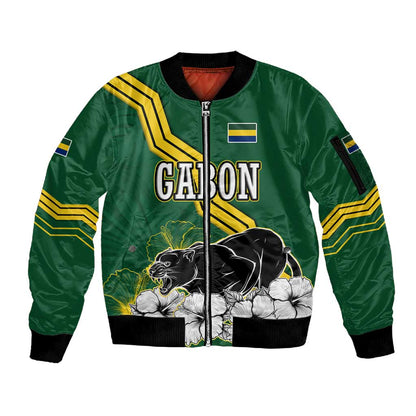 Gabon Sleeve Zip Bomber Jacket - Black Panther Graphic and Hibiscus Flower Design in National Colors