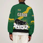 Gabon Sleeve Zip Bomber Jacket - Black Panther Graphic and Hibiscus Flower Design in National Colors