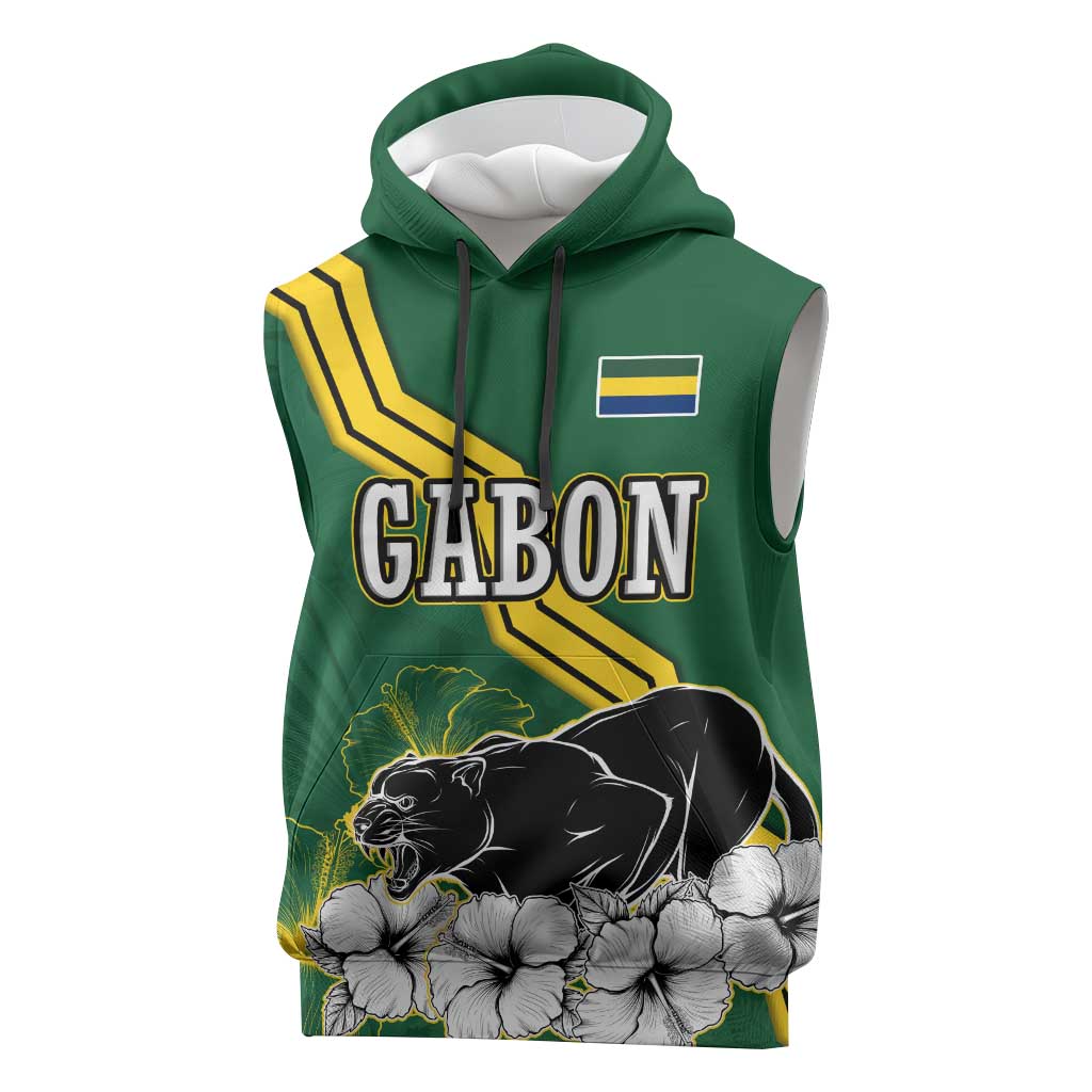 Gabon Sleeveless Hoodie - Black Panther Graphic and Hibiscus Flower Design in National Colors - African Pride