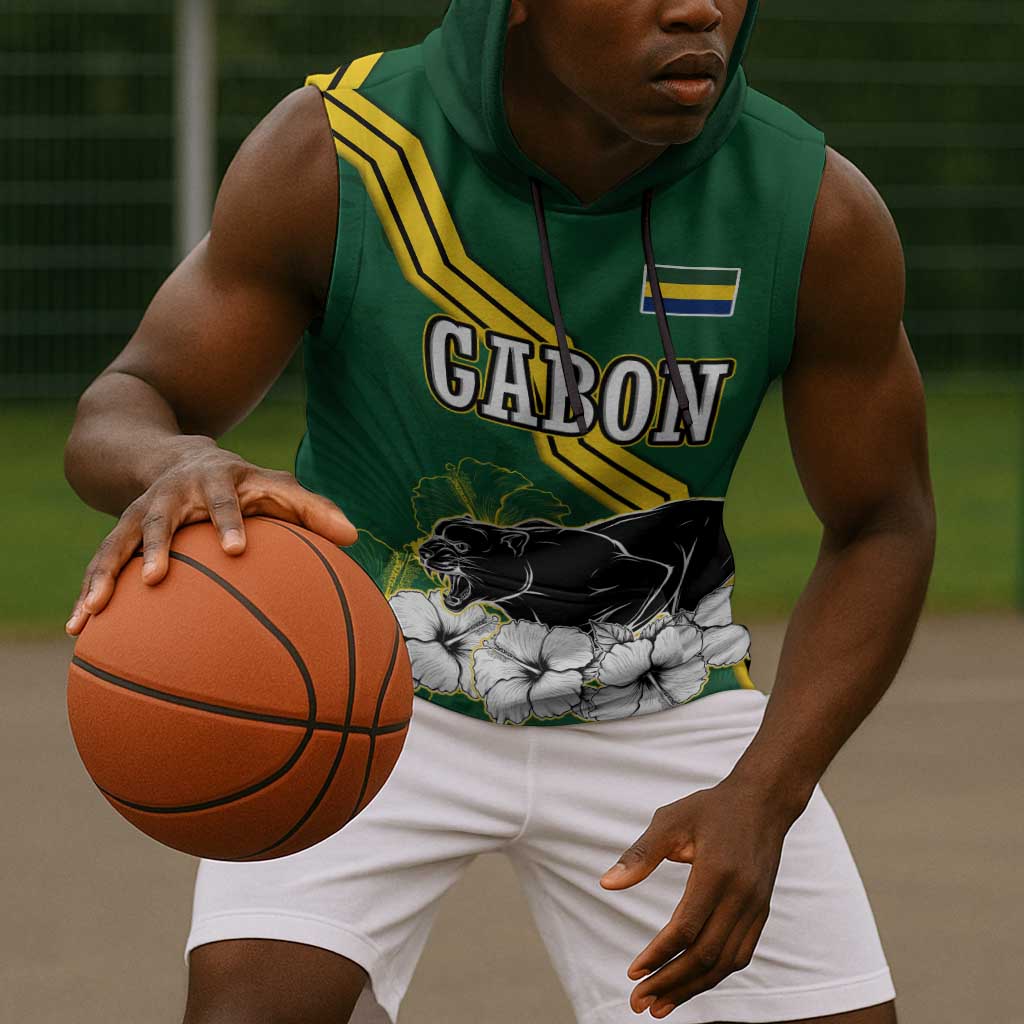 Gabon Sleeveless Hoodie - Black Panther Graphic and Hibiscus Flower Design in National Colors - African Pride