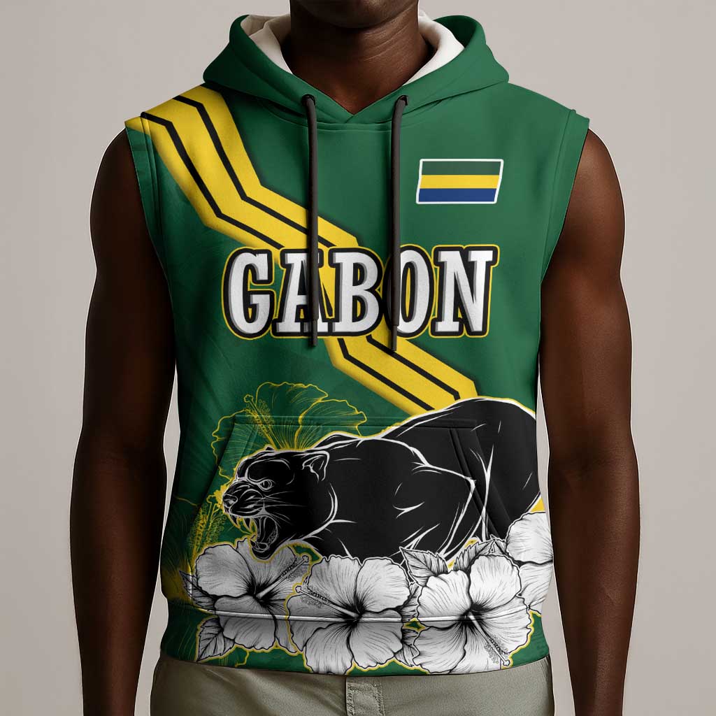 Gabon Sleeveless Hoodie - Black Panther Graphic and Hibiscus Flower Design in National Colors - African Pride