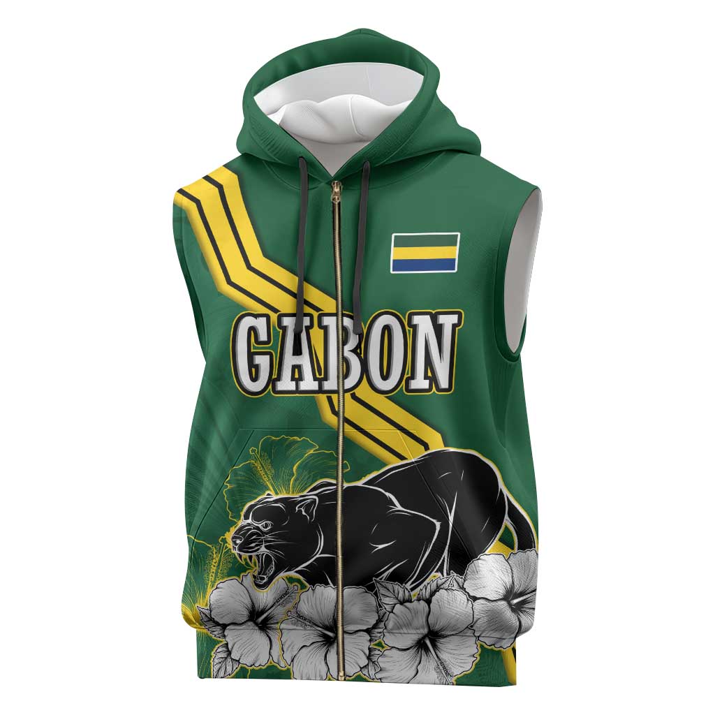 Gabon Sleeveless Zip Hoodie - Black Panther Graphic and Hibiscus Flower Design in National Colors - African Pride