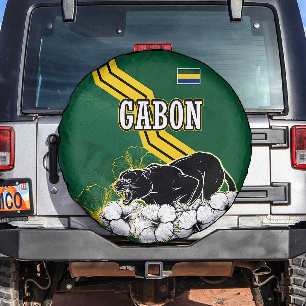 Gabon Spare Tire Cover - Black Panther Graphic and Hibiscus Flower Design in National Colors