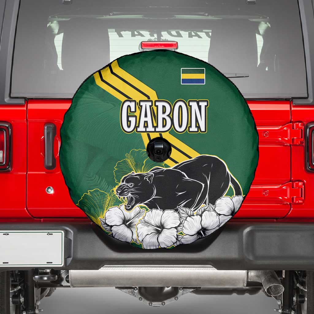 Gabon Spare Tire Cover - Black Panther Graphic and Hibiscus Flower Design in National Colors