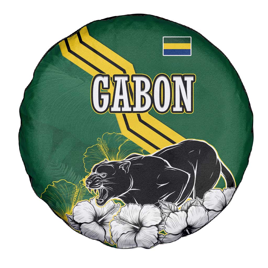 Gabon Spare Tire Cover - Black Panther Graphic and Hibiscus Flower Design in National Colors