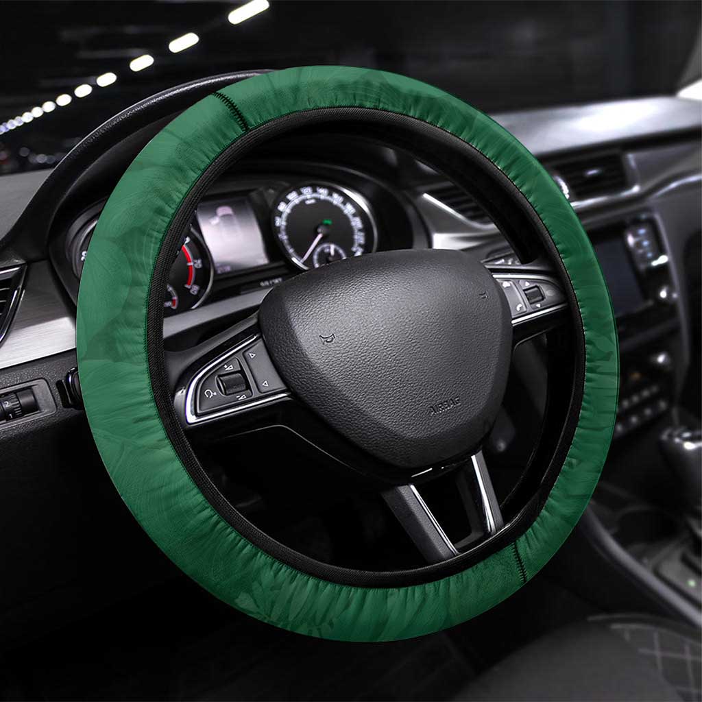 Gabon Steering Wheel Cover - Black Panther Graphic and Hibiscus Flower Design in National Colors