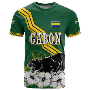Gabon T shirt - Black Panther Graphic and Hibiscus Flower Design in National Colors