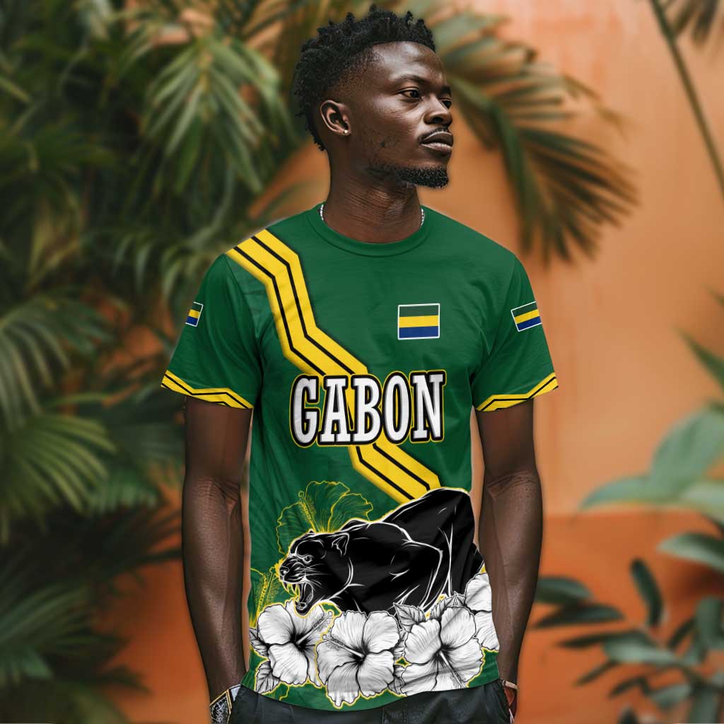 Gabon T shirt - Black Panther Graphic and Hibiscus Flower Design in National Colors