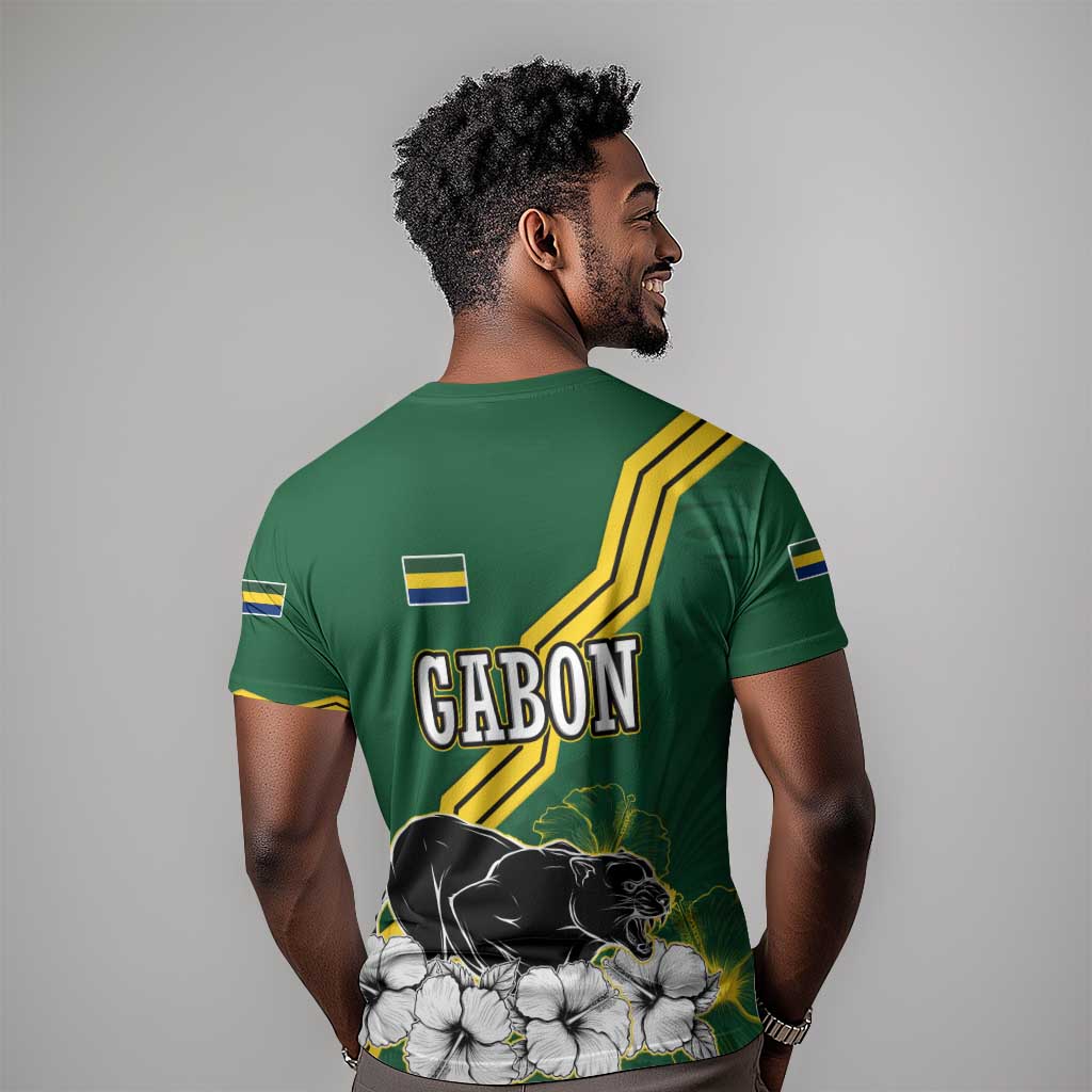 Gabon T shirt - Black Panther Graphic and Hibiscus Flower Design in National Colors