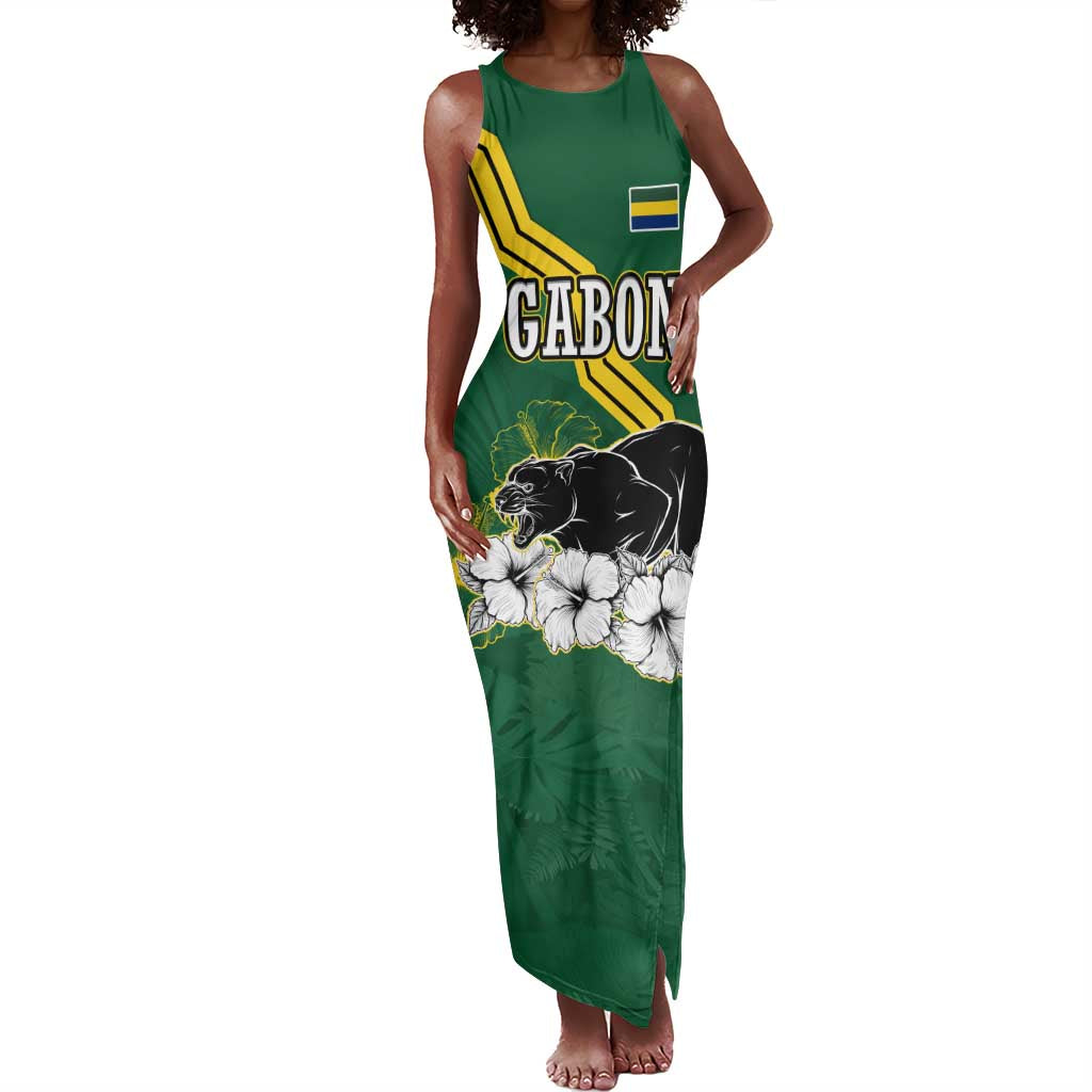 Gabon Tank Maxi Dress - Black Panther Graphic and Hibiscus Flower Design in National Colors