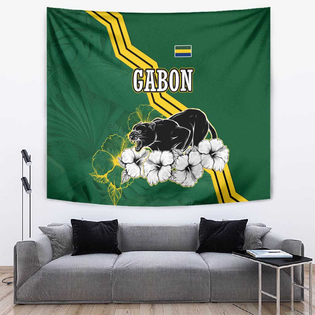 Gabon Tapestry - Black Panther Graphic and Hibiscus Flower Design in National Colors
