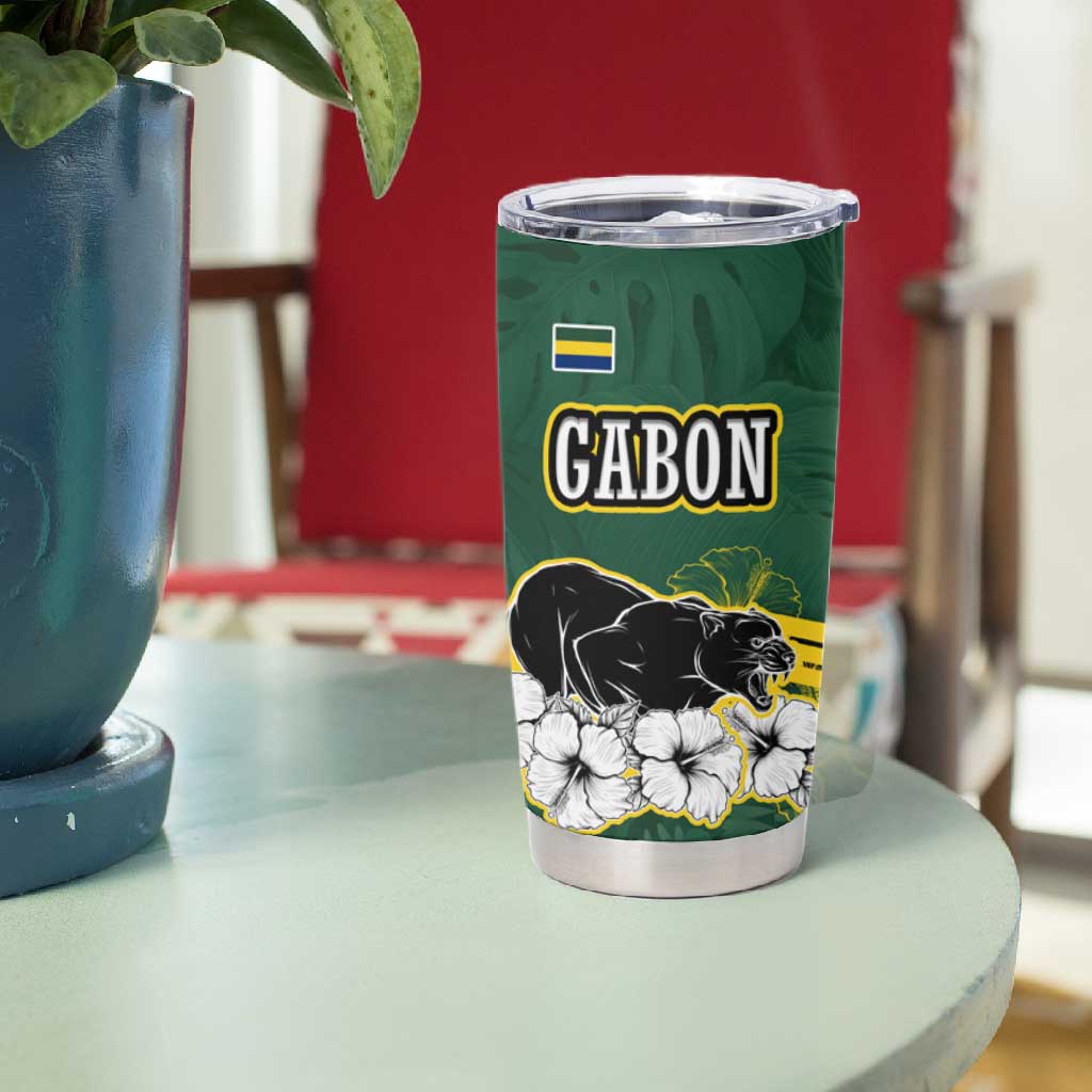 Gabon Tumbler Cup - Black Panther Graphic and Hibiscus Flower Design in National Colors