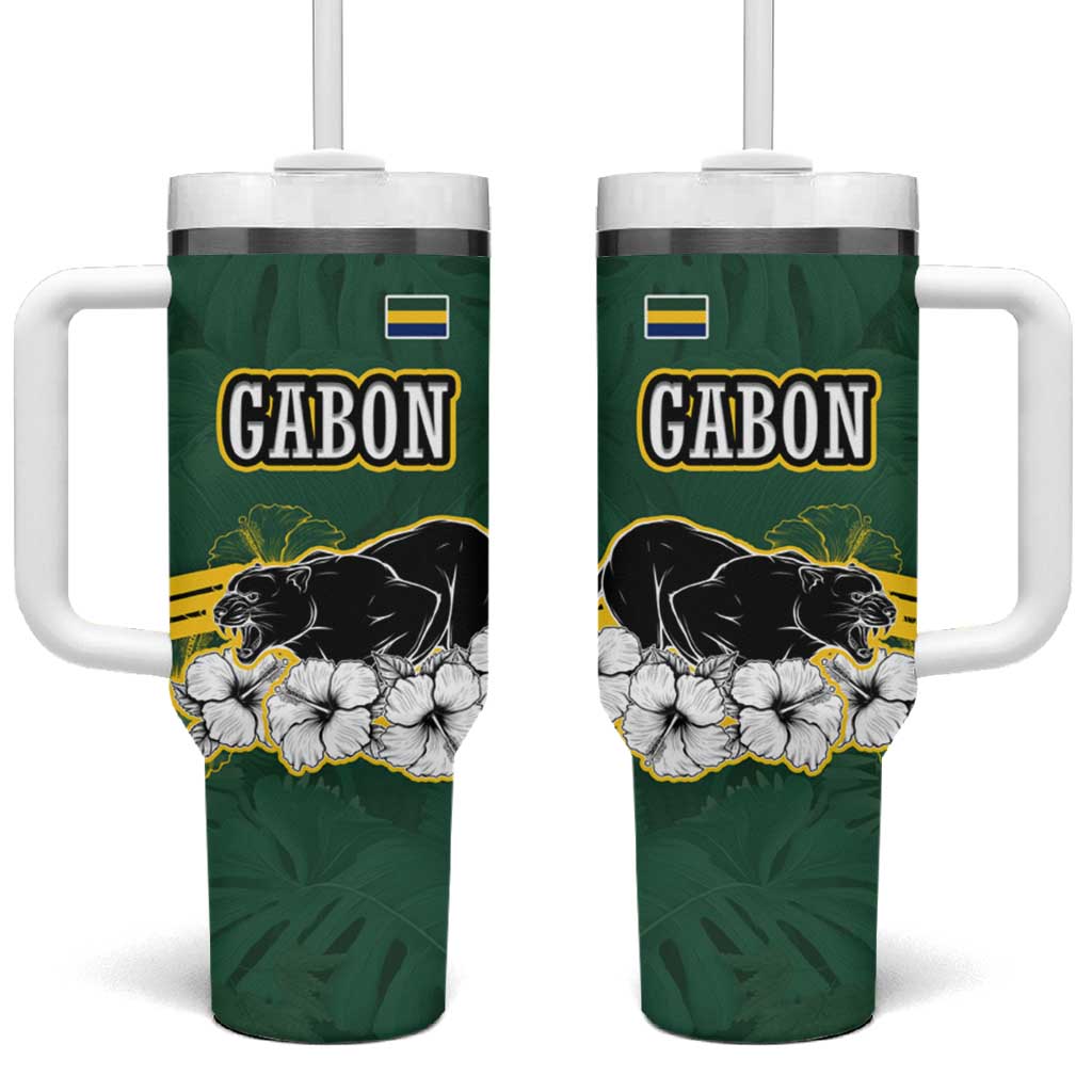 Gabon Tumbler With Handle - Black Panther Graphic and Hibiscus Flower Design in National Colors