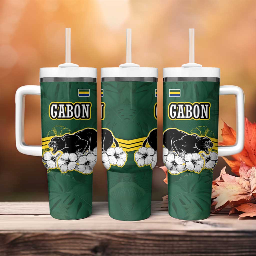 Gabon Tumbler With Handle - Black Panther Graphic and Hibiscus Flower Design in National Colors