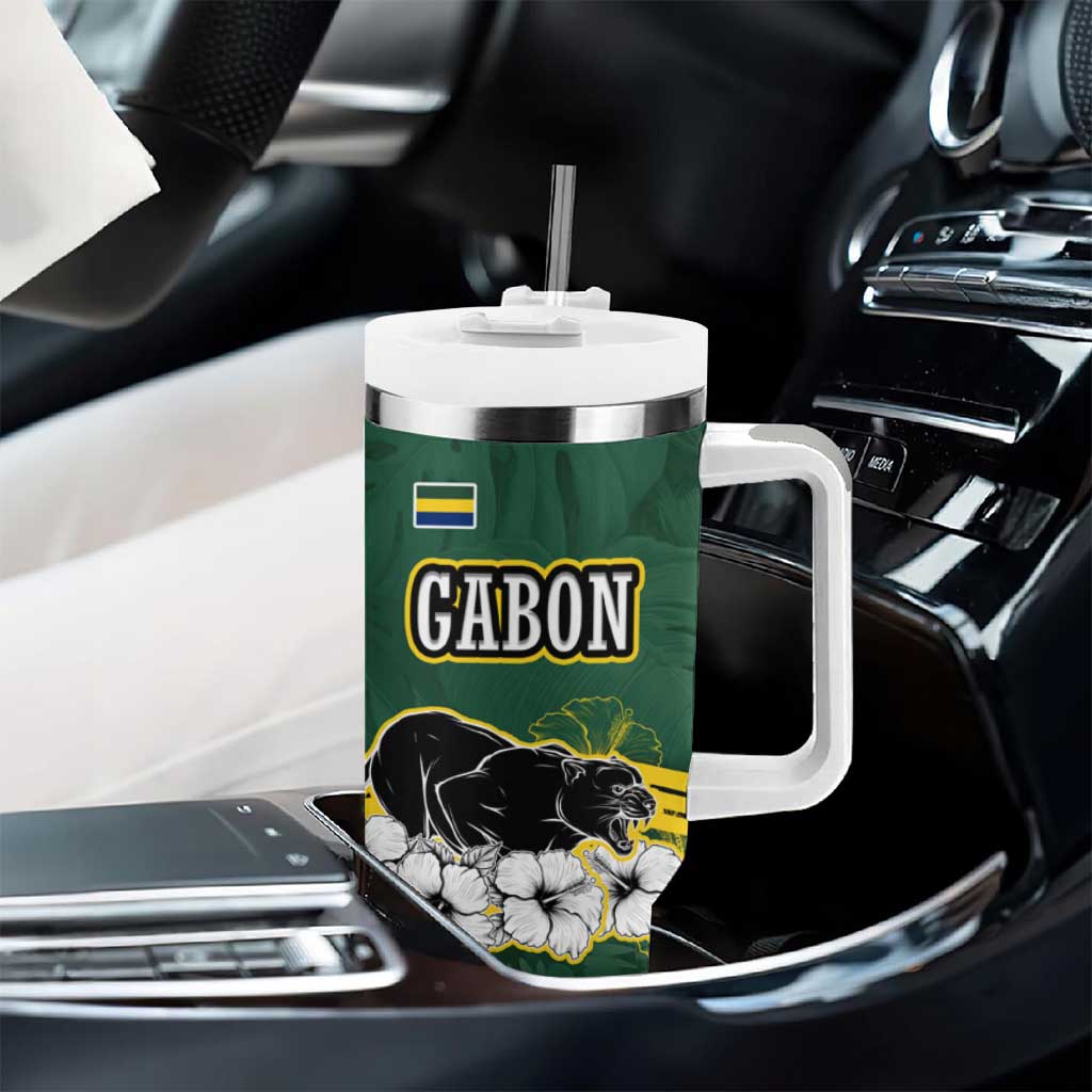 Gabon Tumbler With Handle - Black Panther Graphic and Hibiscus Flower Design in National Colors